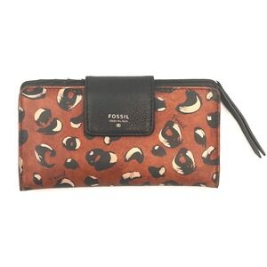 Fossil Leopard Print Bifold Wallet Brown Black Leather Snap Wristlet Slim Clutch